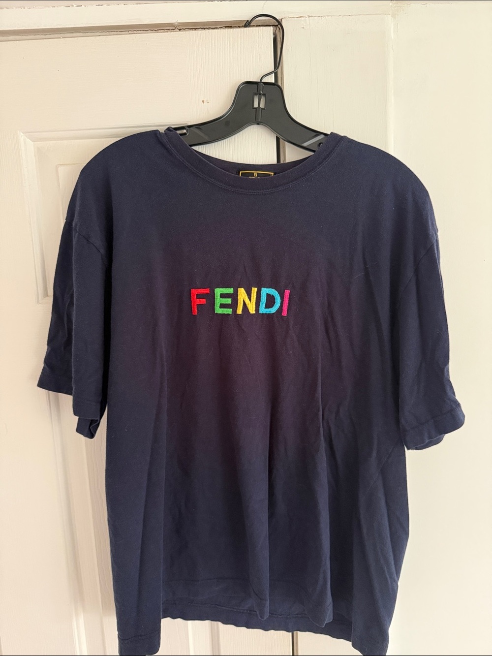 Fendi Navy Short Sleeve Tee with Multicolor Logo